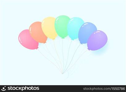 Group of colorful pastel color balloons flying in the sky, rainbow color pattern, paper art style