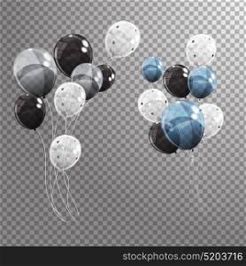 Group of Colour Glossy Helium Balloons Isolated on Transperent Background. Set of Silver, Black, Blue, White with Confetti Balloons for Birthday, Anniversary, Celebration Party Decorations. Vector Illustration EPS10 . Group of Colour Glossy Helium Balloons Isolated on Transperent Background. Set of Silver, Black, Blue, White with Confetti Balloons for Birthday, Anniversary, Celebration Party Decorations. Vector Illustration