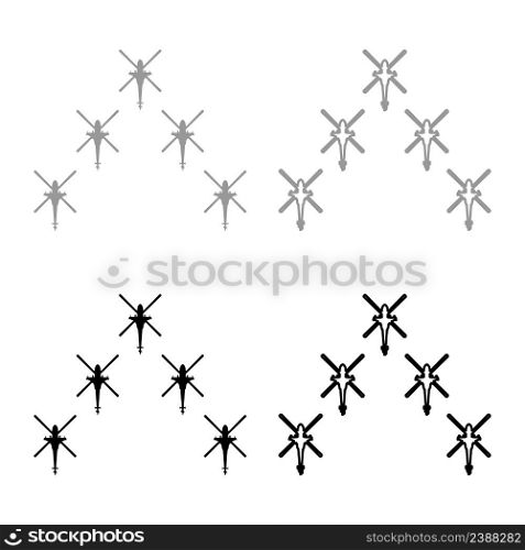 Group of combat helicopters military concept chopper in air army set icon grey black color vector illustration image simple solid fill outline contour line thin flat style. Group of combat helicopters military concept chopper in air army set icon grey black color vector illustration image solid fill outline contour line thin flat style