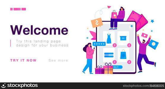 Group of crazy shopaholics making purchases in online store. Giant tablet, customers buying from internet shops flat vector illustration. Online shopping, sale concept for banner or landing web page