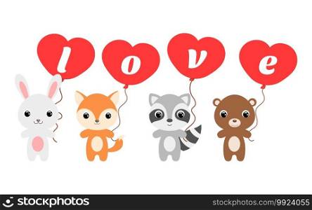 Group of cute animals. Cartoon rabbit, fox, bear, raccoon stand and hold balloons in their hands. Happy Valentine day. Set of characters isolated on white background. Vector stock illustration.