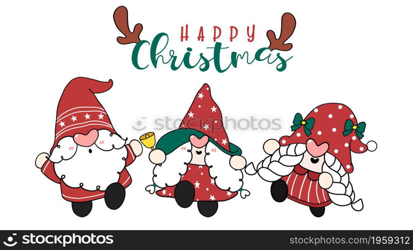 Group of cute Happy Christmas Santa Gnomes in red dress, happy Christmas, cartoon hand drawn doodle flat vector