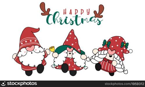 Group of cute Happy Christmas Santa Gnomes in red dress, happy Christmas, cartoon hand drawn doodle flat vector