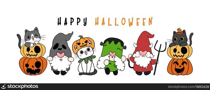 Group of cute happy kitten cats and fancy Halloween Gnome costume, Happy Halloween, flat cartoon hand drawn doodle outline vector