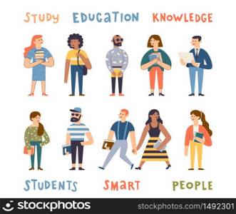 Group of cute multicultural students. Cartoon hand drawn modern people holding books and laptop. Funny fashion young characters and educational lettering. Flat vector illustration.