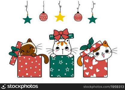 Group of Cute playful kitten cat seek and hid in Christmas boxes, cartoon hand drawn doodle flat vector