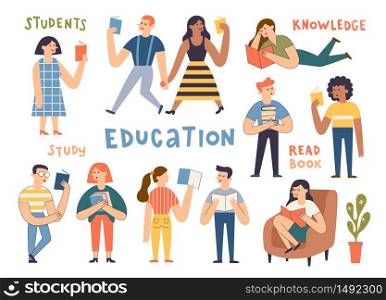Group of cute reading people. Cartoon hand drawn students, book lovers, readers, modern literature fans. Funny characters studying, men and women preparing for examination. Flat vector illustration.