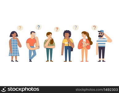 Group of cute thoughtful people. Cartoon hand drawn smart men and women thinking and solving problem. Funny pensive modern characters surrounded by thought bubbles. Flat vector illustration.