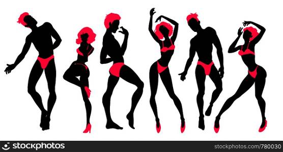 Group of dancing people silhouettes, sexy dancers, men and women, go-go boys and girls, strippers, vector illustration