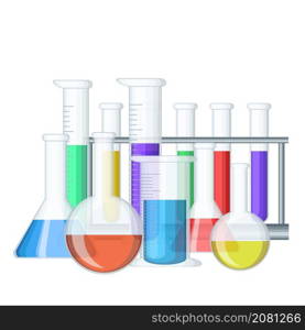 group of different chemical medical test tubes with color liquid