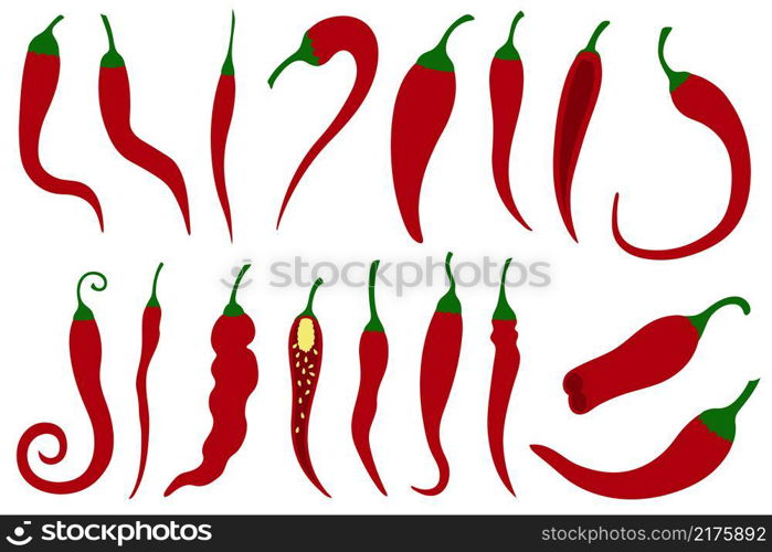 Group of different red chili peppers isolated on white