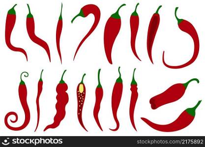 Group of different red chili peppers isolated on white