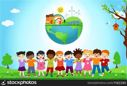 Group of diverse and multiethnic children embracing each other. Unity for an ecological world with eco and sustainable energy. Globe with solar cell and wind turbines. Save our planet