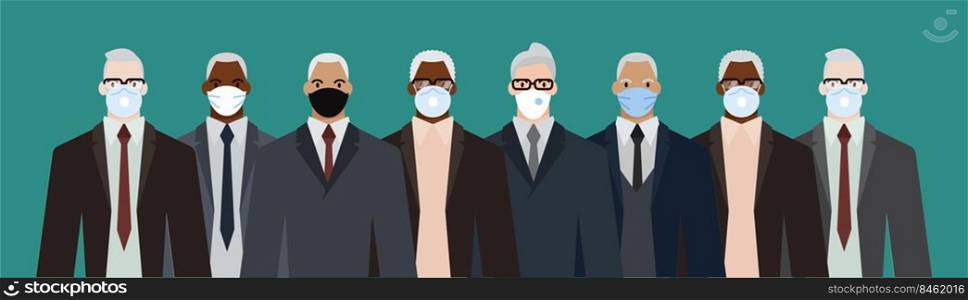 Group of diverse businessman men of adult and senior age, of different race, in office style clothes, wearing masks for pandemic protection from covid19. Flat design vector illustration.. Group of diverse businessman men of adult and senior age, of different race, in office style clothes, wearing masks for pandemic protection from covid19.