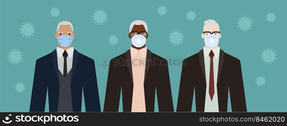 Group of diverse businessman men of adult and senior age, of different race, in office style clothes, wearing masks for pandemic protection from covid19. Flat design vector illustration.. Group of diverse senior only men of different race, in office style clothes, wearing masks for pandemic protection from covid19.