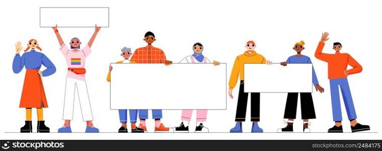 Group of diverse people holding blank banners and placards. Concept of multiracial community, protest demonstration. Vector flat illustration of multicultural characters with white posters. Group of diverse people holding blank banners