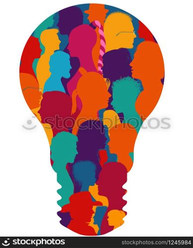 Group of diverse people silhouette in profile forming a light bulb.Community.Multiethnic multicultural society and population.Friendship and organization.Talking people.Human figures