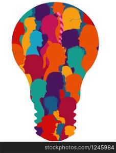 Group of diverse people silhouette in profile forming a light bulb.Community.Multiethnic multicultural society and population.Friendship and organization.Talking people.Human figures