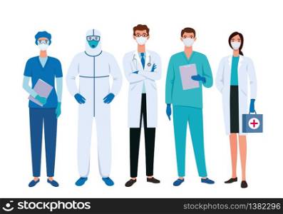 Group of doctors cartoon characters in white medical face mask. Stop coronavirus