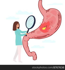 Group of doctors check up human stomach. A doctor holding magnifying glass zoom at stomach, lady Doctor using stethoscope, explaining symptoms and treatment, digestive system, intestinal and gastro