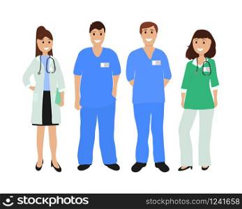 Group of doctors in a hospital, flat design cartoon vector illustration. Group of doctors in a hospital, flat design