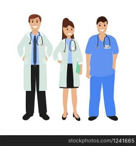 Group of doctors in a hospital, flat design cartoon vector illustration. Group of doctors in a hospital, flat design