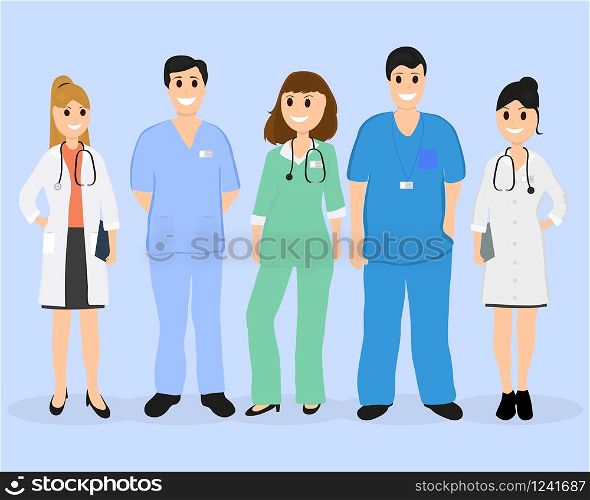 Group of doctors in a hospital, flat design vector. Group of doctors in a hospital, flat design