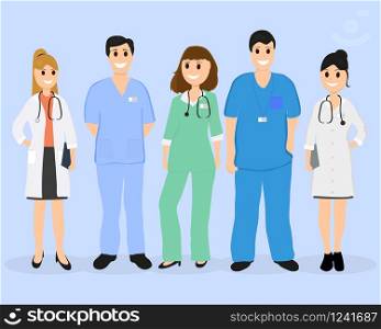 Group of doctors in a hospital, flat design vector. Group of doctors in a hospital, flat design