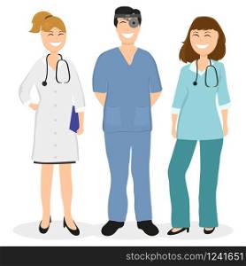 Group of doctors in a hospital, flat design vector illustration. Group of doctors in a hospital, flat design