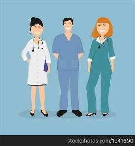 Group of doctors in a hospital, flat design vector illustration. Group of doctors in a hospital, flat design
