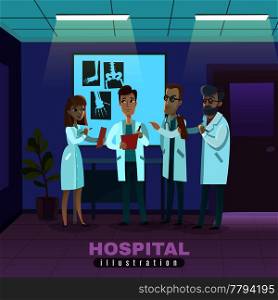 Group of doctors in white robes with clipboards during x-ray examination in hospital vector illustration. Doctors In Hospital Illustration