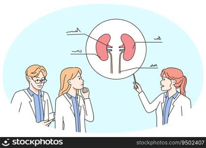 Group of doctors look at body organ shot discuss treatment together. Team of medical specialist consider patient sickness in hospital. Healthcare and medicine. Vector illustration.. Group of doctors discuss body organ shot