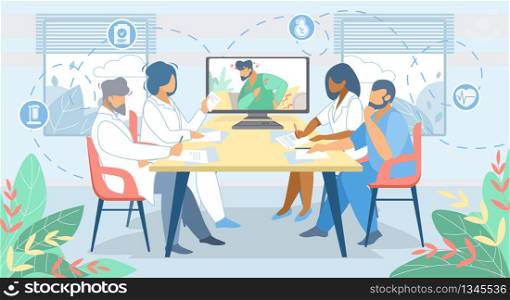 Group of Doctors Sitting in Hospital Cabinet Watching on Computer Screen with Man Having Heart Attack. Distant Online Medicine Consultation. Smart Medical Technologies Cartoon Flat Vector Illustration. Distant Online Medicine Consultation. Technologies
