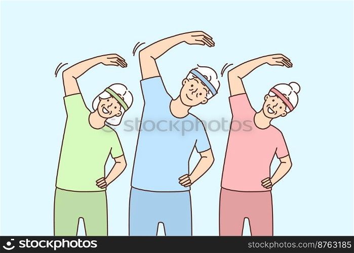 Group of elderly people in sportswear training together. Mature grey-haired men and women do morning gymnastics follow healthy lifestyle. Vector illustration. . Elderly people do gymnastics together 