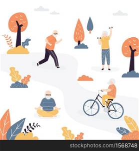 Group of elderly people making sport activity in park. Old woman cycling and fitness outdoors. Grandfather sitting in lotus pose. Health care lifestyle concept. Trendy vector illustration