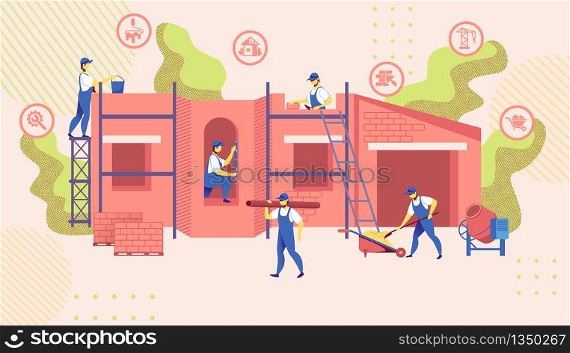 Group of Engineers in Working Robe and Helmets Build New Building Construction. Turnkey Houses Service. Equipment Tools. Carpenter Repairman, Builder, Home Master. Cartoon Flat Vector Illustration. Group of Engineers Build New Building Construction