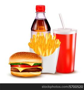 Group of fast food products. illustration.