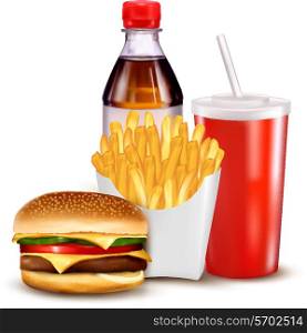 Group of fast food products. illustration.