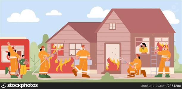 Group of firemen fighting with fire at burning house. Characters team in firefighters uniform extinguish big blaze, carry ladder and buckets spraying water with hose, Line art vector illustration. Group of firemen fighting with fire at burn house