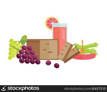 Group of food vector illustrations. Flat design. Collection of various food bread, juice, sausage, fruits and vegetables on white background for diet, menus, signboards illustrating, web design.. Food Concept Illustration in Flat Style Design.