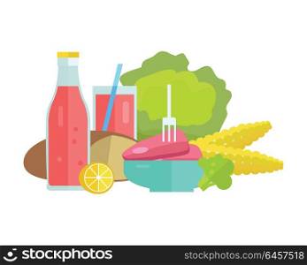 Group of food vector illustrations. Flat design. Collection of various food cabbage, corn, bread, lemon, broccoli, soda, meat on white background for diet, menus, signboards illustrating web design. Food Concept Illustration in Flat Style Design.