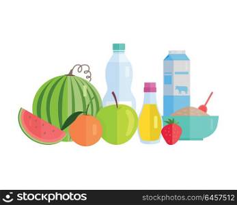 Group of food vector illustrations. Flat design. Collection of various food cereal, oil, water, milk, fruits and vegetables on white background for diet, menus, signboards illustrating, web design.. Food Concept Illustration in Flat Style Design.