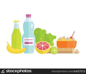 Group of food vector illustrations. Flat design. Collection of various food cereal, bread, soda, water, fruits and vegetables on white background for diet, menus, signboards illustrating. . Food Concept Illustration in Flat Style Design.