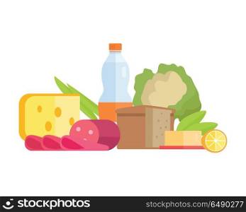 Group of food vector illustrations. Flat design. Collection of various food cheese, sausage, bread, water, fruits and vegetables on white background for diet, menus, signboards illustrating.. Food Concept Illustration in Flat Style Design.. Food Concept Illustration in Flat Style Design.