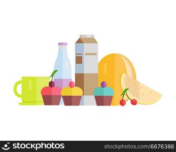 Group of food vector illustrations. Flat design. Collection of various sweets tea, cake, yogurt, melon, juice, cherry on white background for diet, menus, signboards illustrating, web design. Food Concept Illustration in Flat Style Design.. Food Concept Illustration in Flat Style Design.