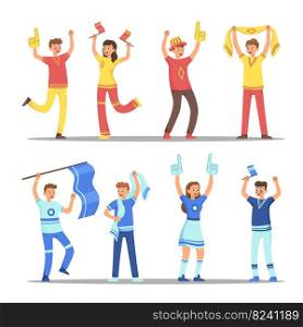 Group of football or soccer fans flat vector illustrations set. Team of happy cartoon men and women with flags and scarves, girls and guys as spectators, crowd of people. Sports, support concept