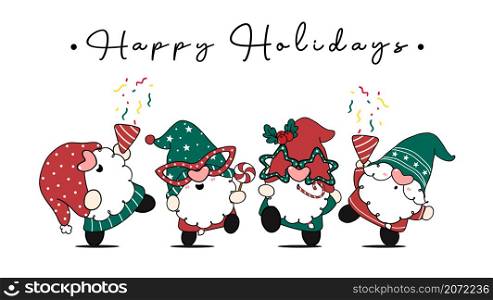 Group of four happy cute Christmas gnomes in party theme, Happy Holidays, cartoon hand drawn doodle flat vector