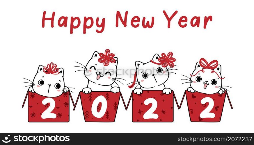 Group of four white funny kitten cat in boxes, Happy New year 2022, idea for greeting card or banner, cartoon hand drawn outline