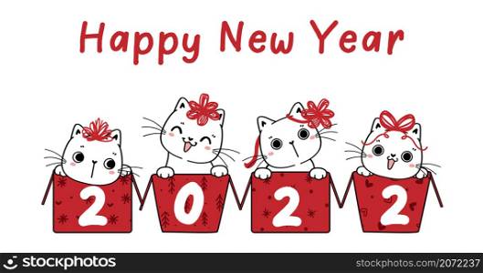 Group of four white funny kitten cat in boxes, Happy New year 2022, idea for greeting card or banner, cartoon hand drawn outline