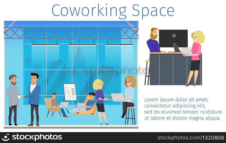 Group of Freelancer in Coworking Studio Banner. Work in Shared Workspace. Smiling Character Freelance Team Working by Laptop, Talking, Meeting in Open Space. Flat Cartoon Vector Illustration. Group of Freelancer in Coworking Studio Banner
